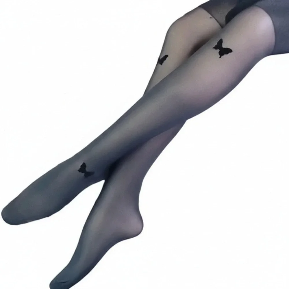 New Black Flocked Butterfly Sheer Pantyhose Tights Cottagecore Fairycore OS‎